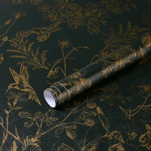 Yomshi Selbstklebende Tapete Blumen 44×300cm Grün Gold Tapete Wasserdicht Klebefolie Blume Blätter Tapete Abnehmbar Vinyl Möbelfolie Vögel Tapeten für Schlafzimmer Wohnzimmer