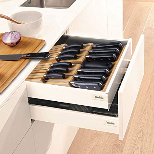 Image of NIUXX Bamboo In-Drawer Knife Block Set for 12 Knives(Not Included) | Large Kitchen Detachable Washable Cutlery Slot Organizer Storage Holder for Sharpening Steel and Cutter