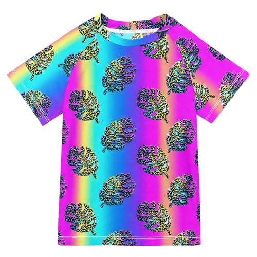 ALAZA Kids Rash Guard Girls Boys Toddler Swim Shirts Short Sleeve Leopard Monstera Leaf UPF 50+ 3T