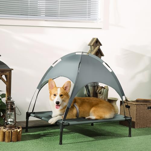 PawHut Erhöhtes Hundebett mit Baldachin, Haustierbett, Hundeliege Outdoor mit Dach, Atmungsaktiv, Taftstoff für Camping Grau 76 x 61 x 73 cm