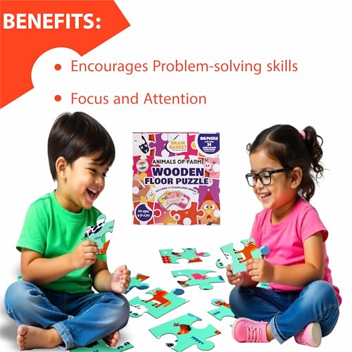 Image of Farm Animal Floor Puzzle | Wooden Jigsaw Puzzle for Kids | Fun Facts Animal Puzzles, Educational Toys, Gifts for Boys & Girls Ages 4+ Years (28 Pieces)| Puzzle and Scrabble Game for Kids