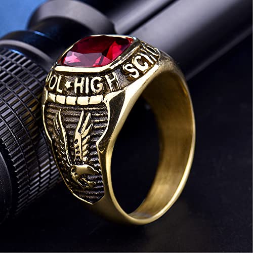 MASOP Retro Eagle Stainless Steel Rings for Men High School Red Crystal Gold Tone Jewelry Size 8-154