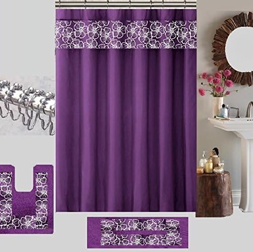 BH Home & Linen 15 Piece Floral Embroidery Banded Bath Set 1 Large Bat Mat 1 Contour Mat 12 Pc Metal Roller Ball Shower Hooks (Orange)