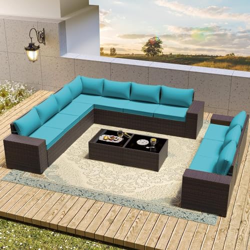 Image of 12 PCS Outdoor Patio Furniture Set,Outdoor Sectional Furniture All Weather PE Rattan Wicker Patio Conversation Set with 2 Coffee Tables and 10 Thickened Cushions,Turquoise Blue