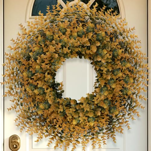 26" Artificial Fall Boxwood Wreath for Front Door Decoration-Orange by Chiyinbao - Used condition - Image 3