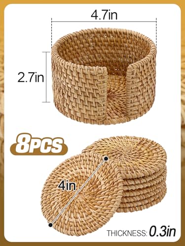 Image of 8Pcs Handmade Natural Rattan Coasters Set with Holder, Boho Coastal Decor | Farmhouse Aesthetic Drink Coasters, Home Kitchen Beach Decor, Housewarming Gifts