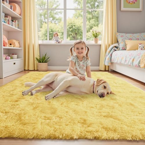8x10 Area Rugs for Living Room Shag Fluffy Rug Bedroom Plush Carpet Non Slip for Nursery Kids PlayRoom Home Decor Aesthetic,Light Yellow