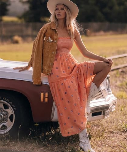 Image of Women Floral Embroidered Maxi Dress Boho Sleeveless Tie Strap Shoulder Dresses Smocked Summer Sundress with Pockets