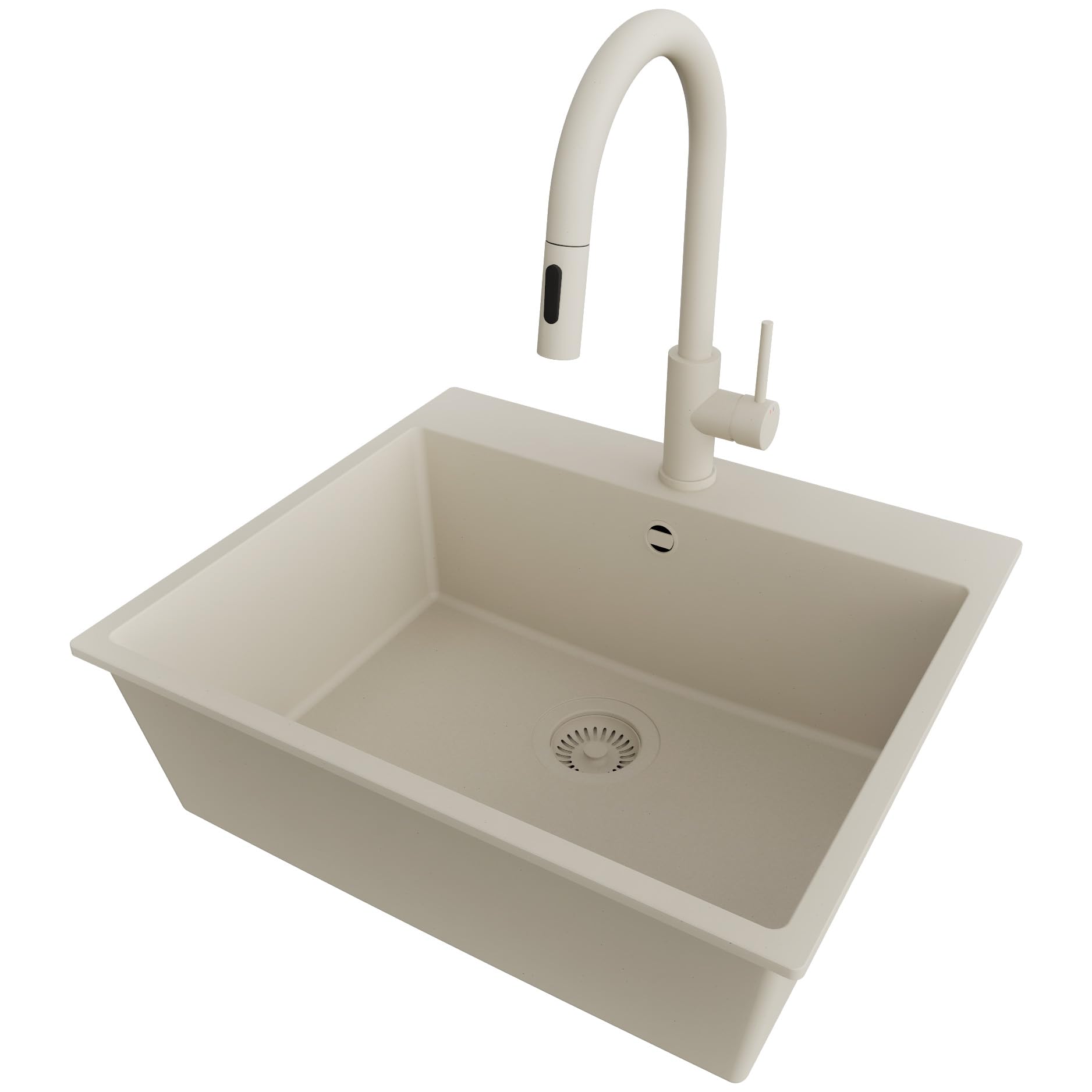 PRIMAGRAN Fregadero Granito Todo Beige 58x50cm, Cocina 1 Seno + Grifo 40x20cm + Sifón, Sobre Encimera al Mueble 60cm - Riga S330