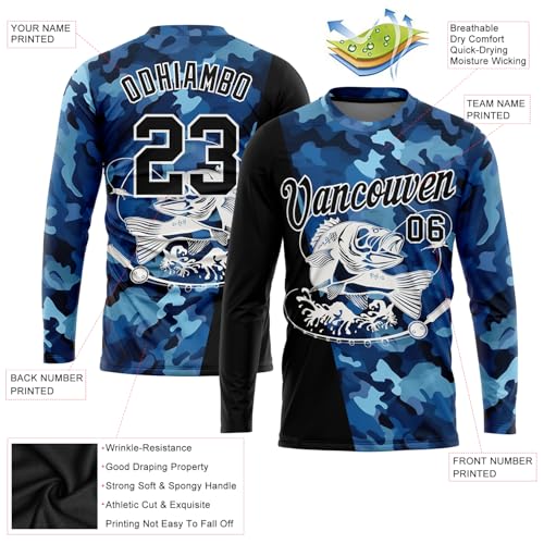 Custom Novelty Fishing Shirt for Men Teens, Long Sleeve Graphic Tees Football Jersey Tops Printed Name/Number4