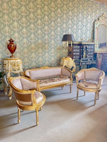 Sofa Set Nostalgic French Baroque Style Sofa Set in Khaki Colour Floral Pattern Gold Finish for Lounge Room Home Decor