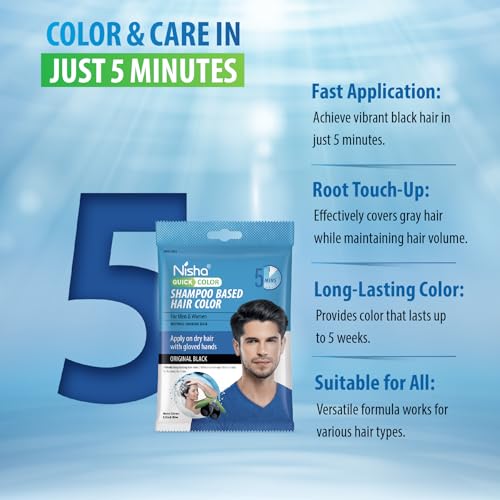 Image of Nisha Original Black 5 Minute Shampoo Hair Color, Long Lasting Permanent Hair Colour For Women & Men, Ammonia Free Hair Dye, 100% Grey Coverage (8 Pouch - 20ml each)