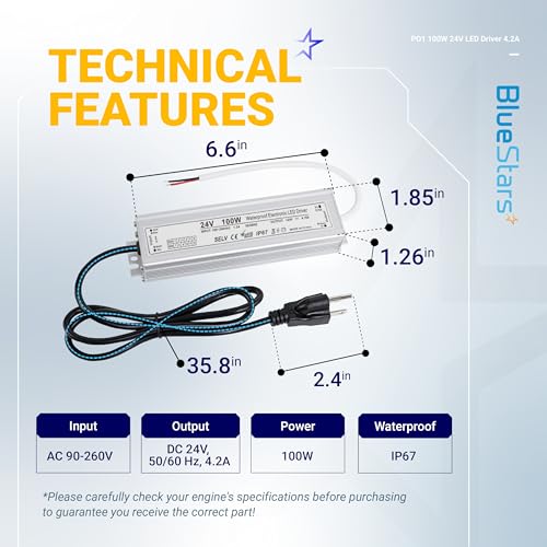 Image of 100W 24V LED Power Supply Driver 4.2A with US Standard 3-Prong Plug by BlueStars - AC 90-260V to 24V DC Constant Voltage Transformer IP67 Waterproof for LED Strip Lights Indoor & Outdoor