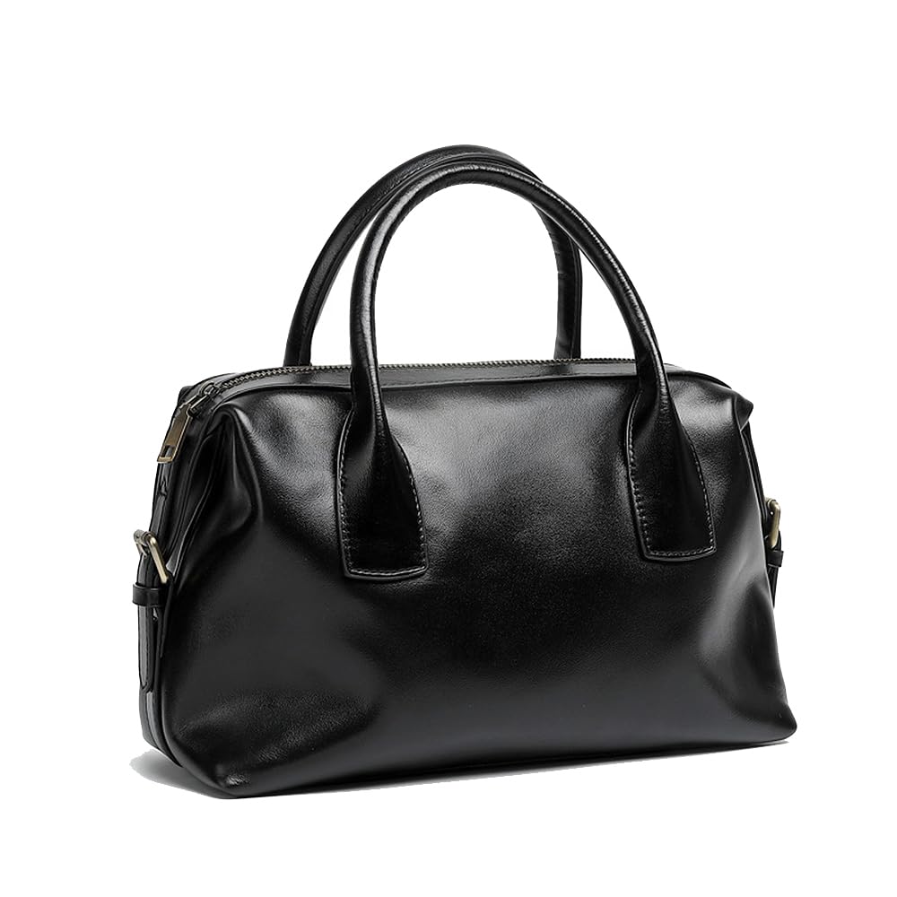 Mini Bolso Bowling de Piel Auténtica para Mujer, Bolso Almohada Clásico y Bolso Bandolera, Bolso de Mano Pequeño para Uso Diario y Viajes Negro