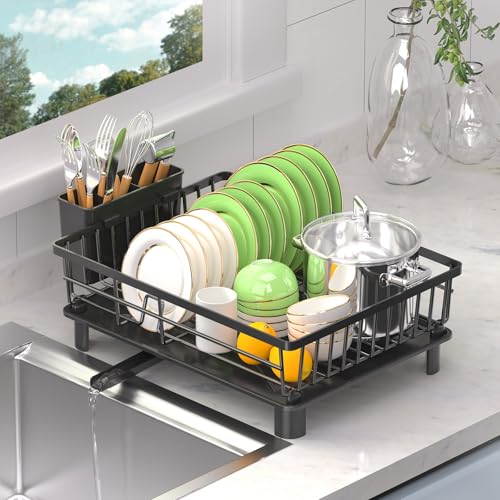 AFNGWWIN Escurridor de Platos, Gran Escurreplatos de Acero Inoxidable con Drenaje Automático,Escurreplatos sobre Fregadero con Portautensilios und Boca de Vaciado Giratoria,Dish Drying Rack