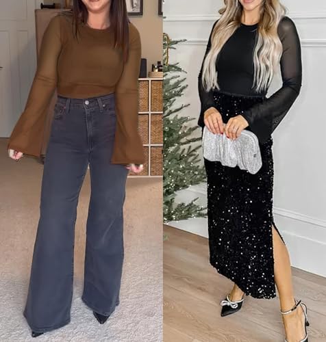 Womens Bell Sheer Sleeve Tops Boat Neck Double Lined Going Out Lace Mesh Shirts Blouses Night Out Outfits2