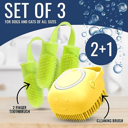 Image of Dog Finger Toothbrush, Dog Shampoo Brush, Dog Accessories: 3 in 1 Dog Bath Brush and 2 Finger Tooth Brush Kit, Essential Puppy Products for Teeth Cleaning, Bathing, and Grooming (Yellow).