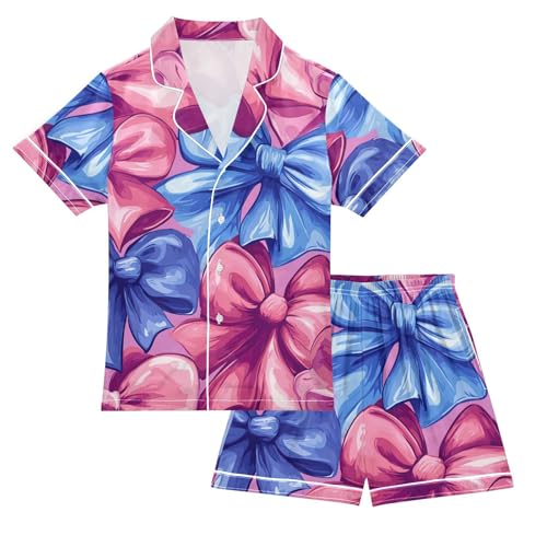 Satin Pajama Sets Short Sleeve Large Colorful Bow Pattern Button Down Silky Nightwear 2 Piece PJS 5-14Y