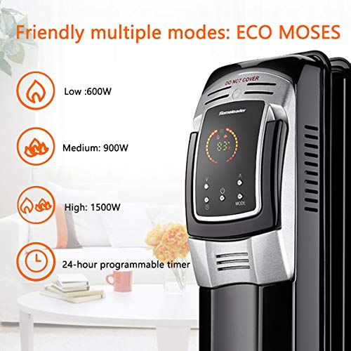 Homeleader 1500W Oil Heater, Full Room Space Heater with LED Display Screen, 24-Hour Timer and Remote Control, Electric Oil Filled Radiator Heater, Black