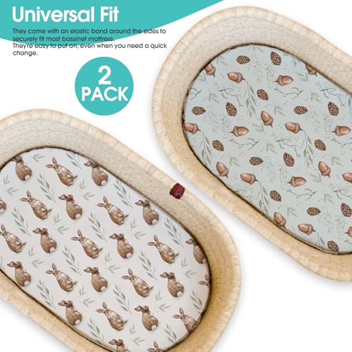 Image of Stretch Fitted Bassinet Sheet Set BROLEX 2 Pack Cradle Sheets for Bassinet Pad /Mattress,Unisex Boys Girls,Ultra Soft,Bunny Nuts