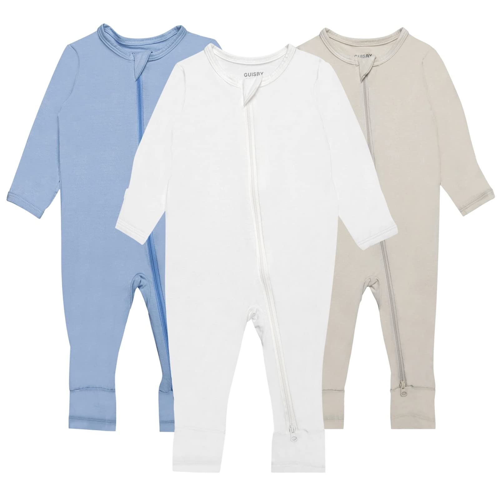 GUISBY Baby Pajamas with Mitten Cuffs - 3Pcs Girls Boys 2 Way Zipper Long Sleeve Rayon Sleepers