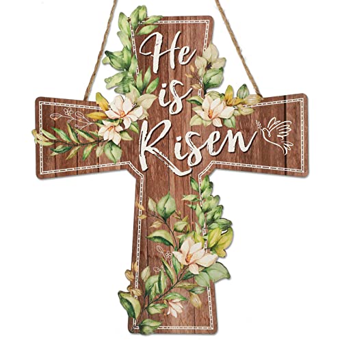 Tiamon He is Risen Door Hanger Wooden Easter Door Sign Greenery Print Cross Hanging Sign Religious Easter Hanging Decorations for Wall Home Indoor Outdoor Spring Decor Supplies, 13 x 10.6 Inch