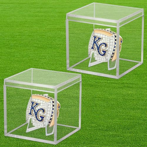 Image of 2 Pack Championship Ring Display Case, Clear Acrylic Memorabilia Stand Cube Ring Holder Dust Protection Transparent Storage Box for Sports Baseball Basketball Fan Souvenir Protection Supplies