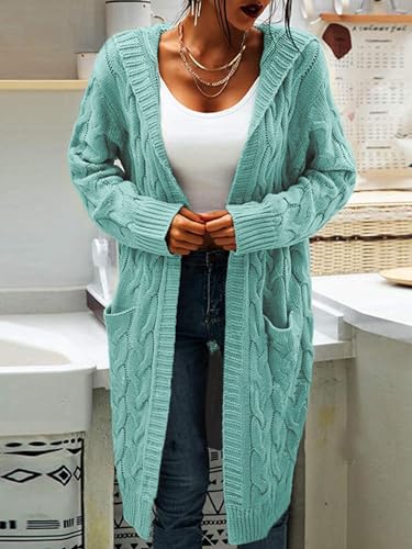 Image of Women Hooded Open Front Cardigan Cable Knit Chunky Long Sweater Coats | solid color, cable knit ,long duster cardigan,chunky coatigan,winter ,falll ,side pockets