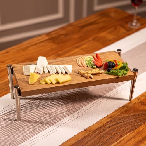 Image of Stack'd High Rise Stand Multipurpose Serveware, Acacia Wood & Aluminium - Wooden Serving Stand for Cheese, Fruits, Starters & Desserts, Space-Saving Table Display