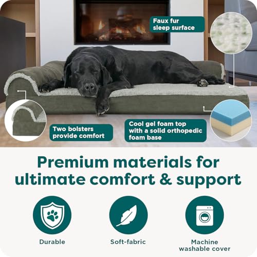 Image of FurHaven Cooling Gel Dog Bed for Large Dogs, L-Shaped Chaise with Cool Gel-Top Foam with a Solid Orthopedic Foam Base for Joint Support, Washable Cover, Jumbo XL, Plush Faux Fur & Suede, Dark Sage