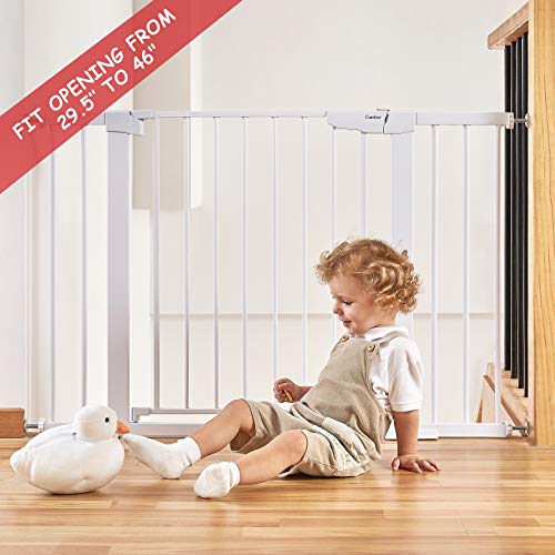 Mom's Choice Awards Winner-Cumbor 29.5-46" Auto Close Baby Gate For Stairs, Easy Install Pressure/Hardware Mounted Dog Gates For The House Indoor, Easy Walk Thru Wide Safety Pet Gates For Dogs, White #TOP1