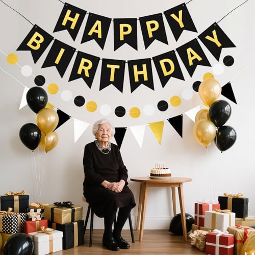 Image of Black Gold Happy Birthday Banner Hanging Sign Circle Dot Triangle Bunting