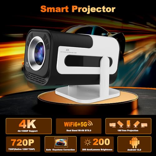 Image of Ear&Ear Mini Projector, HY320 Portable Projector, Support 4K 1080P with Dual-Band WIFI6 5G Wireless 5.0 Bluetooth Android 11, 180 Rotatable, Auto Keystone Correction, 40 inch-130 inch Screen Video Projector