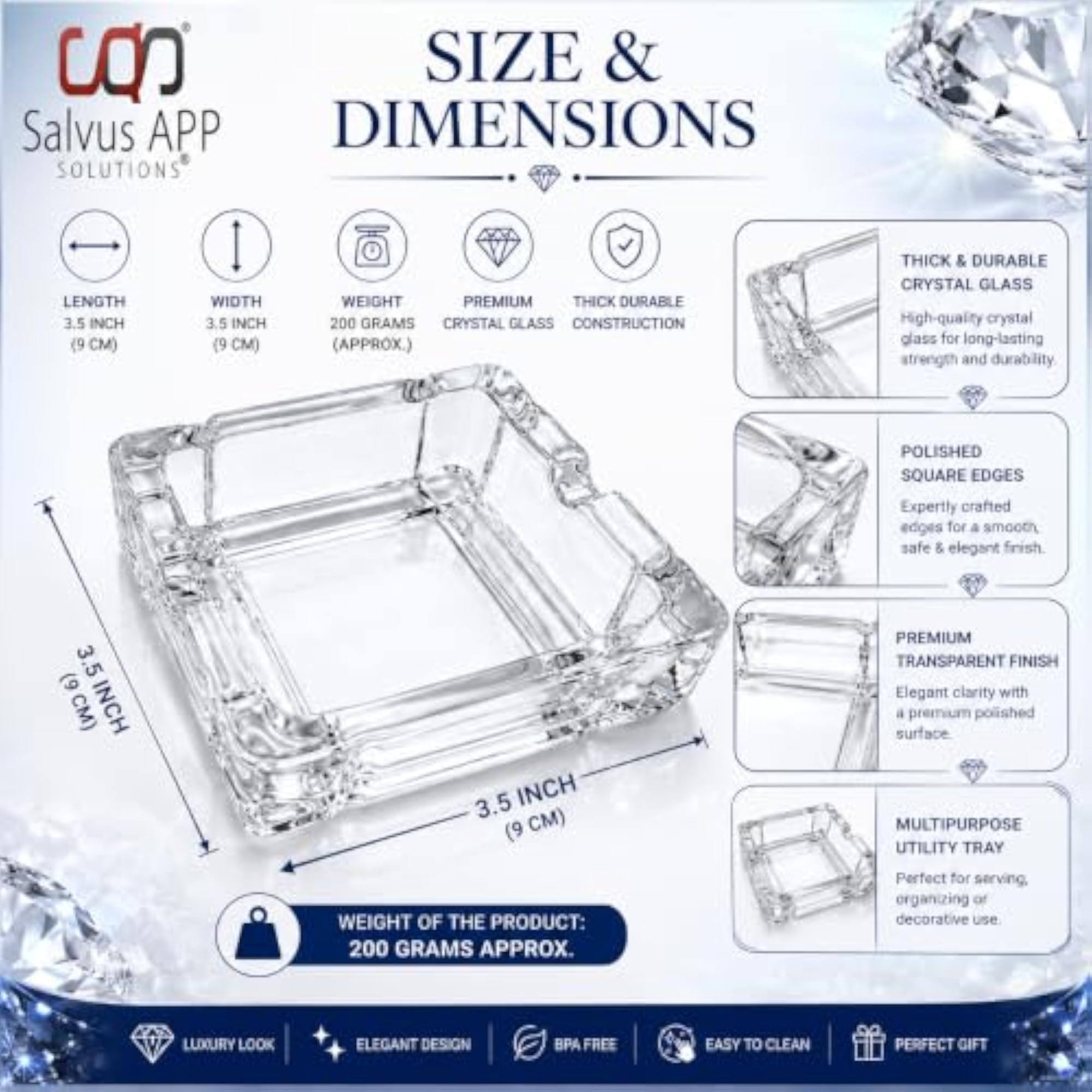 Crystal Glass Square Tray Plate, 3.5 Inch