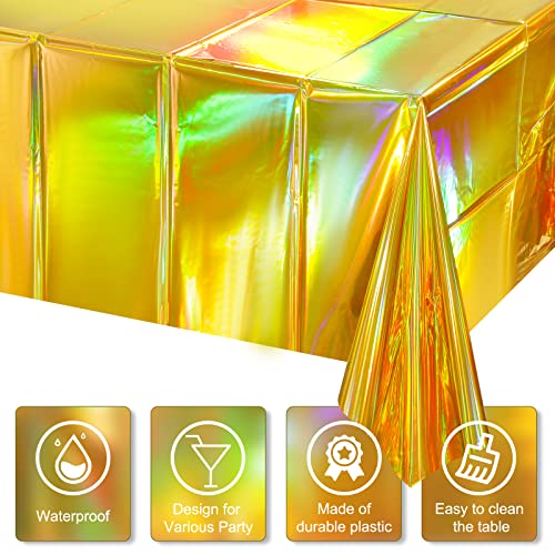 Image of 4 Pack Gold Iridescent Plastic Tablecloths Shiny Disposable Laser Rectangle Table Covers Holographic Foil Tablecloth Iridescent Party Decorations Birthday Bridal Wedding Christmas, 54 x 108 Inch
