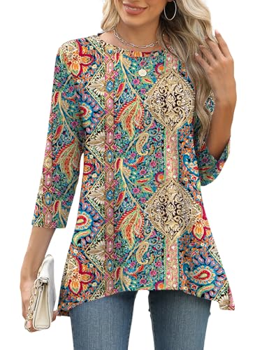 LOMON 3/4 Sleeve Tunic Tops for Women Loose Fit Dressy Casual Blouse Flowy Shirts to Wear with Leggings S-3XL
