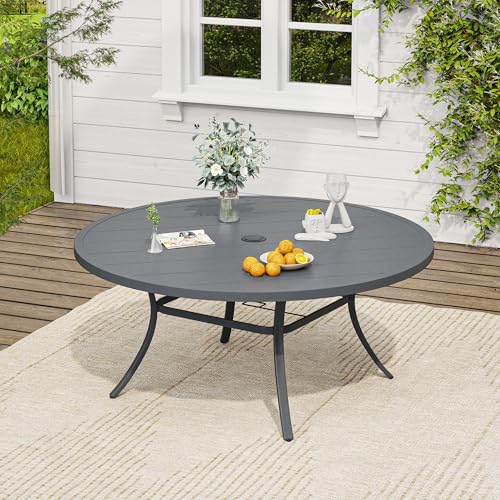 Image of VICLLAX 63 inch Round Patio Table, Outdoor Dining Table for 8-10 with Umbrella Hole for Garden Lawn Deck Backyard, Dark Grey