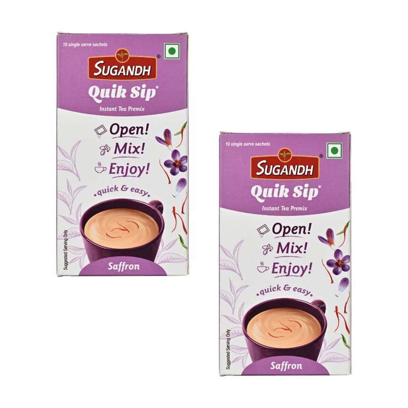 Image of Sugandh Quik Sip Instant Saffron Chai Premix (Pack of 2) - Single Serve Sachets - 2 Boxes of 10 Sachets each