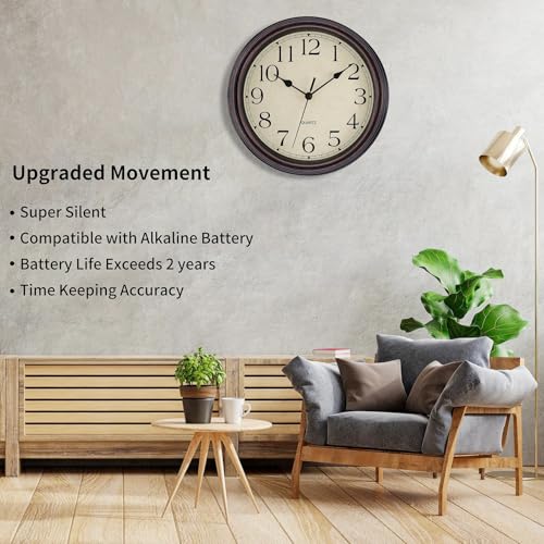 Foxtop Retro Silent Non-Ticking Round Classic Clock Quartz Decorative Battery Operated Wall Clock for Living Room Kitchen Home Office 12 Inch (Bronze)3