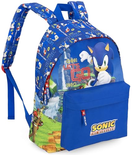 Clondo Mochila americana para niños, 41 x 31 x 18 cm, con correas acolchadas, divisor interior, bolsillo frontal y porta botella – para escuela, tiempo libre, viajes, Sonic 26