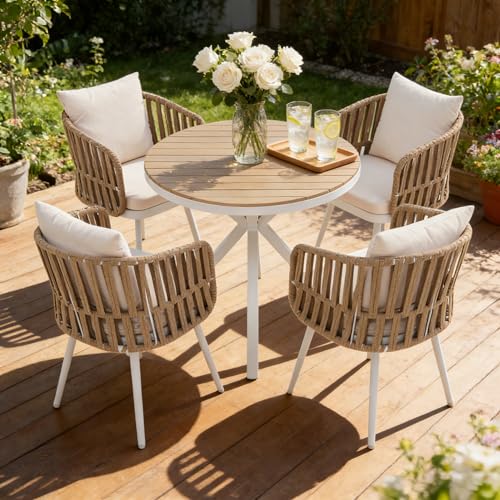 SUNSITT 5 Piece Outdoor Dining Set, Metal Patio Furniture Dining Set with Acacia Wood Top Dining Table and 4 Woven Rope Patio Chairs w/Cushions for Yard, Garden, White