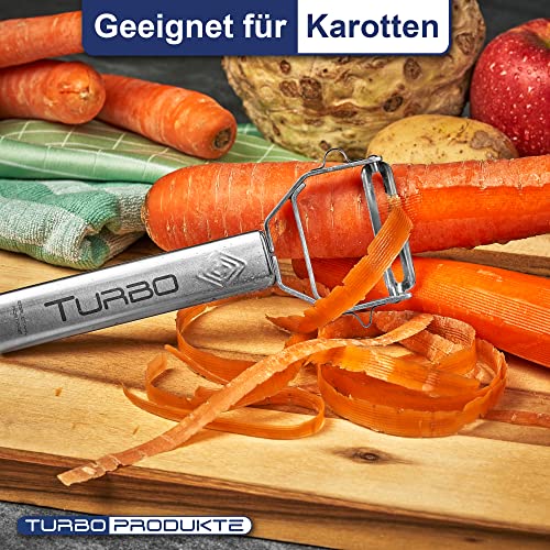 Foto von TURBO PRODUKTE 2 Stück Sparschäler aus Edelstahl für Obst & Gemüse - Vor-und Rückwärts mit Pendelklinge für Links- & Rechtshänder - 3in1 Funktion