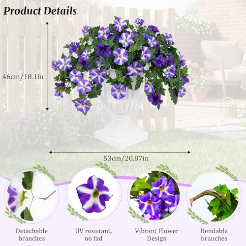 IDEVER Artificial Flowers for Outdoors Faux Petunias No Fade Realistic Artificial Flowers for Garden Porch Balcony Patio Home Decor(2PCS White-Purple) — view 3