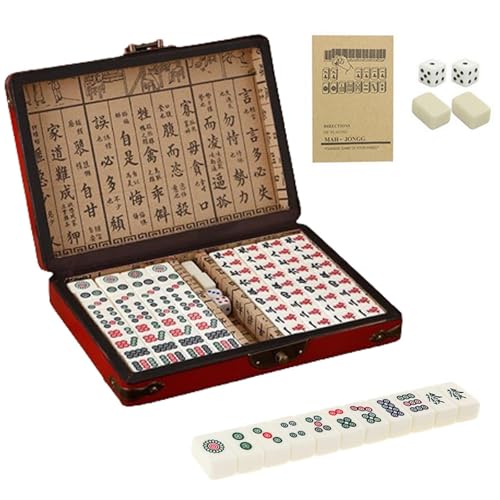 White Engraved Mini Majong Set Mini Mahjong Set 144PCSChinese Traditional Mahjong Set Portable Family Mahjong Game Set with 2 Dice & Leather Carrying Case Box