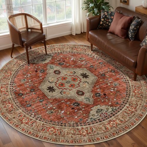 Image of Tangsoo Washable Round Area Rugs 5ft, Boho Non Slip Circle Rug Low Pile