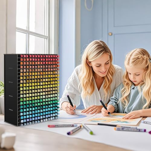 Image of SANFURNEY Art Marker Storage Rack for 300 Markers, Watercolour Brushes Pens Color Pencils Organizer Holder for Desk - Black