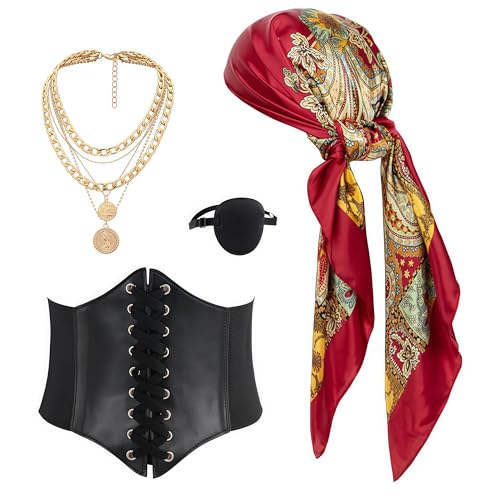 4 pezzi accessori costume da pirata per donne con cappello bandana fascia corsetto cintura benda occhio collana per costumi medievali