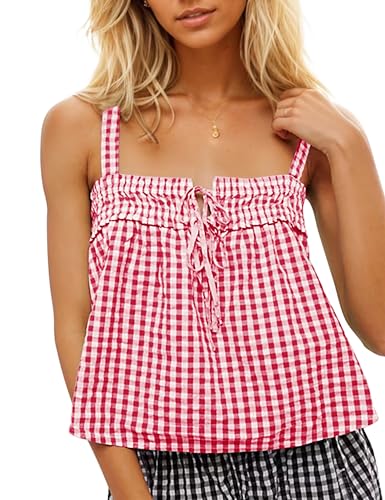 Cotton Gingham Tie Front Tank Tops for Women Girls Cute Plaid Tank Tops Casual Summer Going Out Top