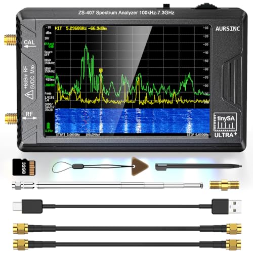 AURSINC Tinysa Ultra+ ZS407 7.3GHz Spectrum Analyzer, HW V0.5.4 100kHz-7.3GHz 4 Inch Tinysa Handheld Frequency Analyzer, 2-in-1 RF Signal Generator 100kHz to 900MHz MF/HF/VHF UHF, with 32GB Card