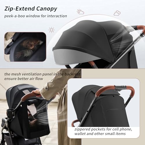 Image of Tinyiota Stroller for Babies,Toddler Strollers with Large UPF 50+ Canopy,Luxury Baby Stroller with Leather Handle & Spacious Seat, One-Hand Foldable Pushchair,Baby Carriage with Lie-Flat Mode(Black)